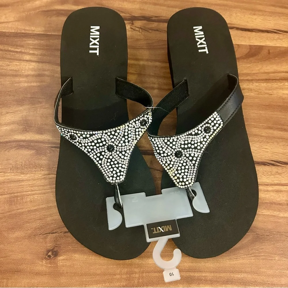 NWT Mixit diamonds and Pearls Black and Silver Women's Sandals Flip Flops - Picture 10 of 10